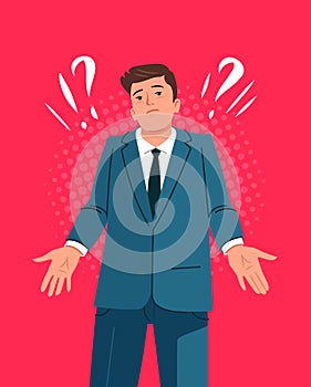 Confused men in doubts and thoughts. Puzzled pensive businessman and question mark. Business concept vector