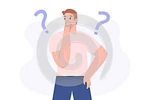 Confused person, guy thinking and solving a problem, young troubled man with question mark, flat vector illustration