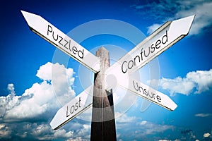 Confused, puzzled, lost, unsure concept - signpost with four arrows