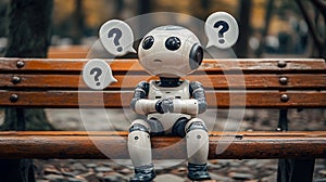 Confused robot sitting on park bench surrounded by question marks reflecting ai dilemmas photo