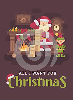 Confused Santa Claus and elf reading a very long kids letter in a cozy room with a fireplace and grandfather clock. Christmas flat
