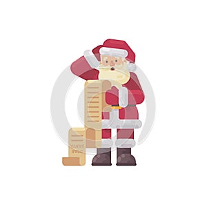 Confused Santa Claus reading a kids letter. Christmas character