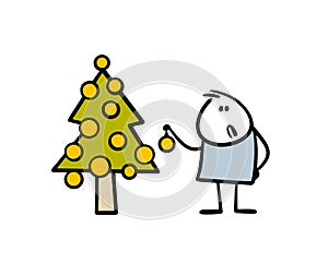 Confused stickman holds glass New year ball in hand and does not know where to hang it on the Christmas tree. Vector