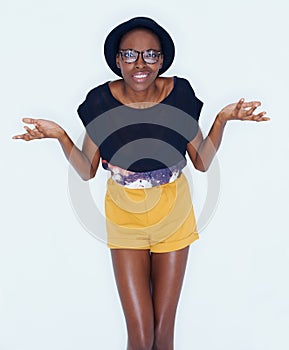 Confused student and portrait of black woman with question and college with choice in studio background. Thinking, why