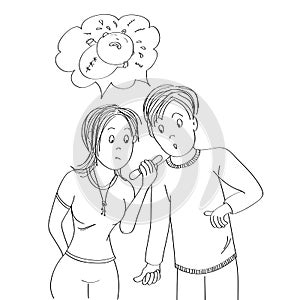 Confused, surprised and unhappy young couple looking at the positive pregnancy test, imagining crying baby