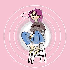 Confused Teenage Girl Lost in Thoughts Doodle Vector Illustration. Best for Print, Wallpaper