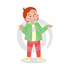 Confused thoughtful child shrugging shoulders flat vector illustration isolated.