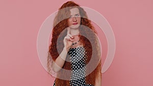 Confused upset redhead woman pointing fingers herself, rejection, refusal problem, stop sign