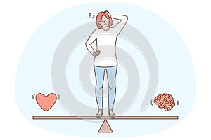 Confused woman choose between brain and heart