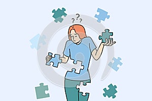 Confused woman connect puzzles rebuild personality