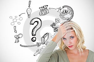 Confused woman with hand on head by icons over white background