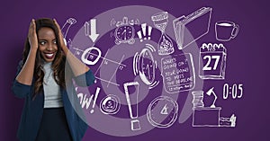 Confused woman holding her head looking right on purple background with drawings