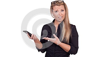 Confused woman holding a smartphone