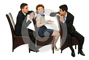 Confused woman between men discussion