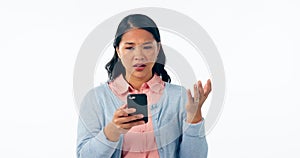 Confused, wow and woman with phone in studio for fake news, gossip or drama on white background. Wtf, face or lady model