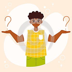 Confused young African American guy thinking surrounded by question marks. Vector character in flat cartoon style