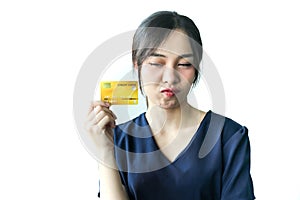 Confused young asia woman having problem with blocked credit card  invalid expired account, transaction failed, money withdraw