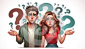 Confused Young Couple Surrounded by Question Marks Expressing Uncertainty