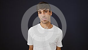 Confused young hispanic man cluelessly standing alone against isolated black background, this handsome chap\'s utterly lost