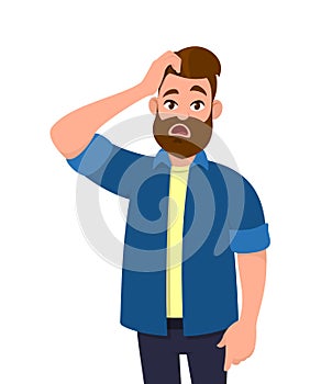 Confused young man scratching his head. Doubt, question, problem. Human emotion and body language concept illustration in vector.