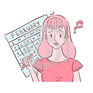 Confused young woman thinking of her irregular periods photo