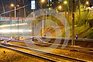 Trains in motion on long exposure at night