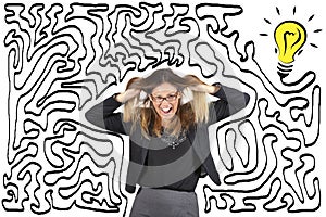 Confusion and stress. Maze and bulb. Reach the solution. Business woman stressed pulling her hair.
