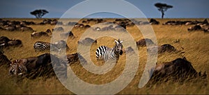 Confusion of wildebeests and zeal of zebras pasturing in a field in Masai Mara, Kenya