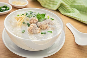 Congee with minced pork in bowl