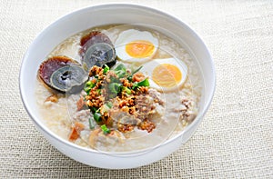 Congee, Rice porridge with minced pork, boiled egg and century egg, great for breakfast