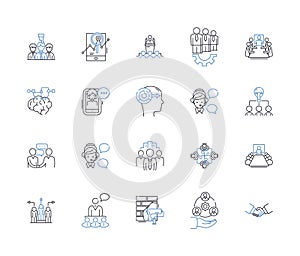 Congenial teamwork line icons collection. Synergy, Harmony, Unity, Collaboration, Coherence, Cohesion, Trust vector and