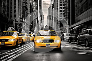 A congested city street with numerous vehicles jammed in heavy traffic, Classic yellow taxi cabs in the busy streets of Manhattan