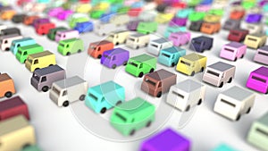 Congested road traffic of multicolor commercial vans delivering goods, looping 3D animation