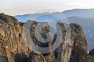 Conglomerate formation of Meteora during sunset, beside the Pindos Mountains. Central Greece