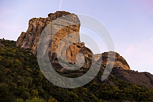 Conglomerate formation of Meteora during sunset, beside the Pindos Mountains. Central Greece