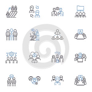 Conglomeration consolidation line icons collection. Mergers, Acquisitions, Integration, Joint ventures, Synergy