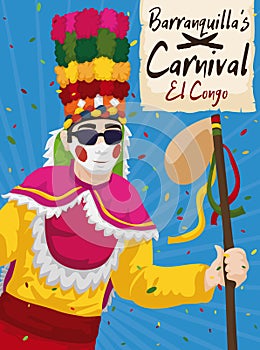 Congo Dancer under Confetti Shower in the Barranquilla`s Carnival, Vector Illustration