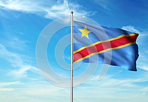 Congo The Democratic Republic flag waving with sky on background realistic 3d illustration