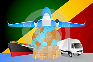 Congo logistics concept illustration. National flag of Congo from the back of globe, airplane, truck and cargo container ship