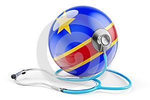 Congolese Democratic Republic flag with stethoscope. Health care in Democratic Republic of the Congo concept, 3D rendering