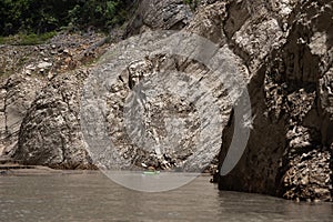 Congost de Mont Rebei, mountain gorge with azure river and canoe, kayaking in Aragon, Catalonia, Spain