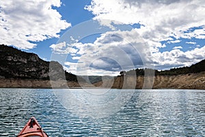 Congost de Mont Rebei, mountain gorge with azure river and canoe, kayaking in Aragon, Catalonia, Spain