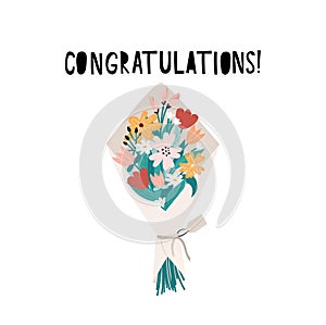 Congrats banner or greeting card template with bunch of flowers and lettering. Flat style doodled bouquet for greeting card,