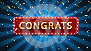 Congrats banner. Winner congratulations, gold confetti and golden congratulation sign in frame vector illustration