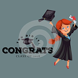 Congrats class of 2018 flat colorful poster. Happy smiling girl in gown with diploma throwing cap vector illustration