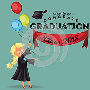 Congrats class of 2018 flat colorful poster. Happy smiling girl in gown with diploma throwing cap vector illustration.