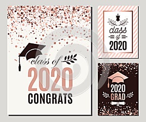 Congrats Class of 2020 greeting cards set in rose gold confetti colors. Three vector grad party invitations. Grad posters. All