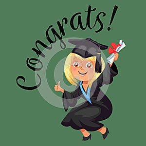 Congrats colorful flat poster with happy graduate celebration graduation day and showing thumb up sigh vector photo