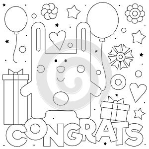 Congrats. Coloring page. Black and white vector illustration.