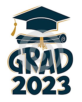 Congrats Graduates. Grad 2023. Greeting sign with academic cap and diploma. Congratulating vector banner for graduation party,